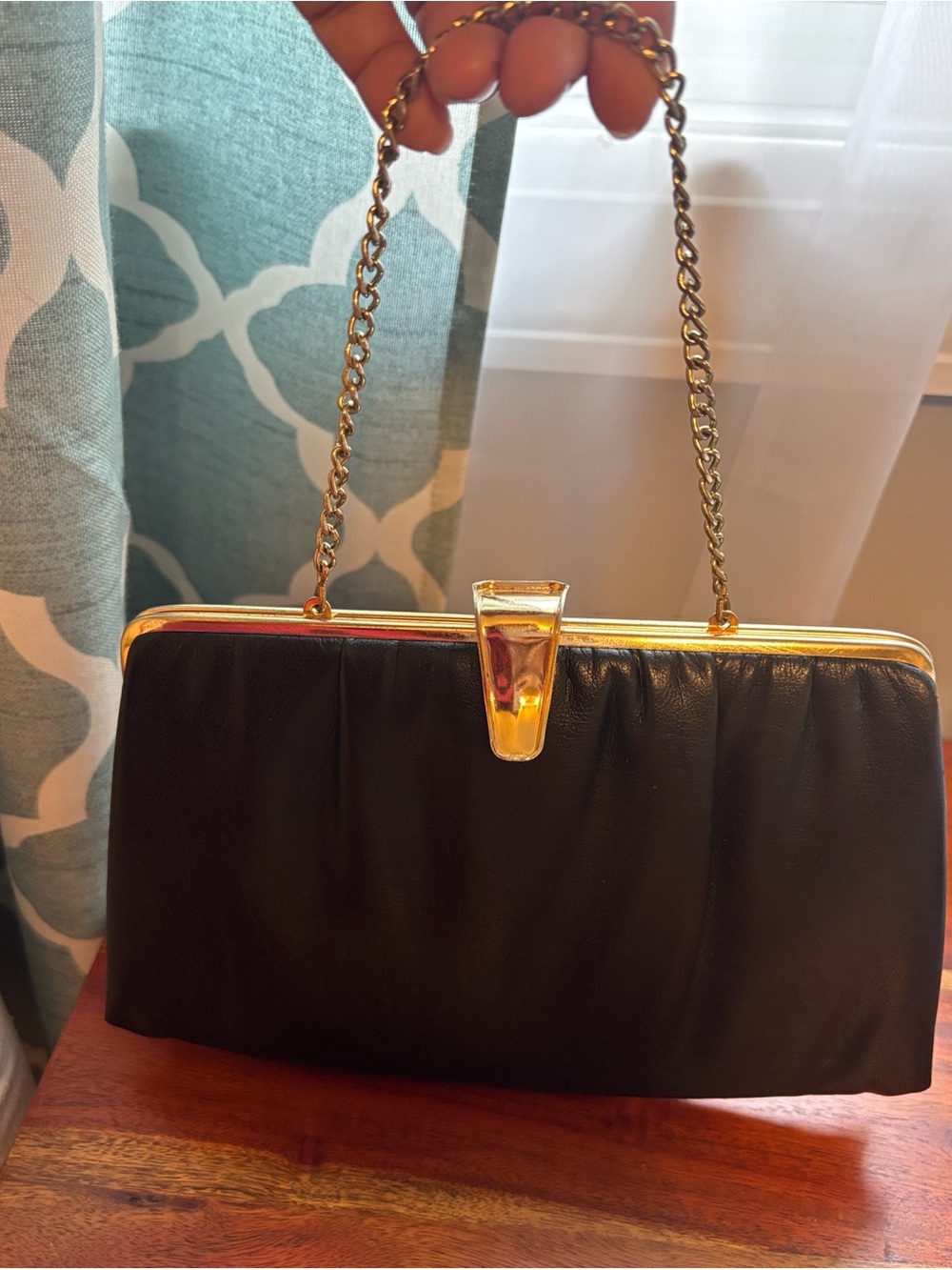 Black Faux Leather Evening Clutch with Gold Chain Strap